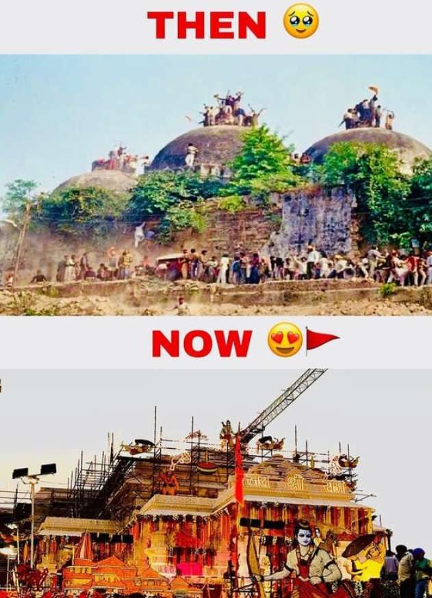 Babri Masjid before destruction and Shri Mandir now